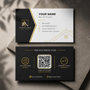 Tarjeta De Visita Código QR de bienes raíces modernos de oro negro d