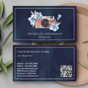 Tarjeta De Visita Código QR de cámara floral azul marino fotógrafo