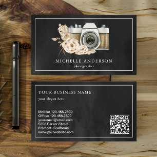 Tarjeta De Visita Código QR de cámara floral boho rústica fotógrafa