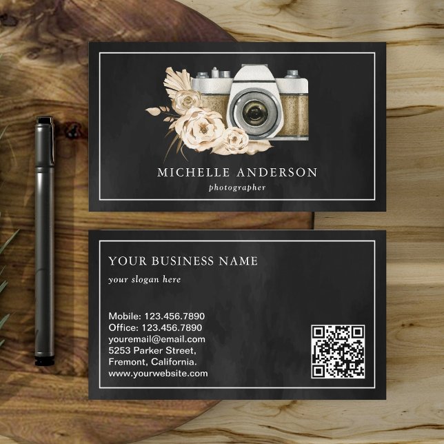 Tarjeta De Visita Código QR de cámara floral boho rústica fotógrafa (Subido por el creador)