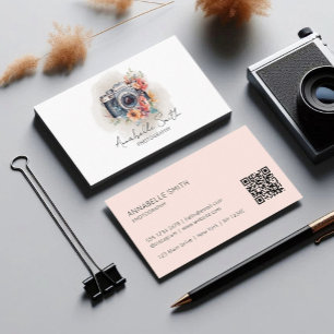 Tarjeta De Visita Código Qr de Cámara Fotográfica Floral Rosa Sonroj
