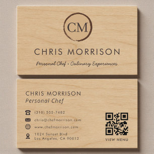Tarjeta De Visita Código QR de Catering de Madera Rústica Chef Perso