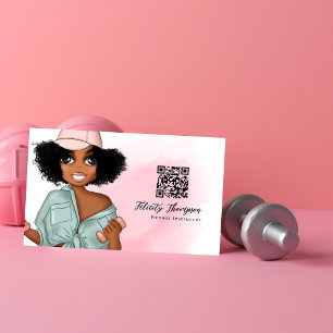 Tarjeta De Visita Código QR de chica instructora de fitness afro con