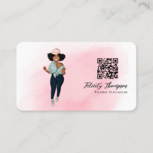 Tarjeta De Visita Código QR de chica instructora de fitness afro con