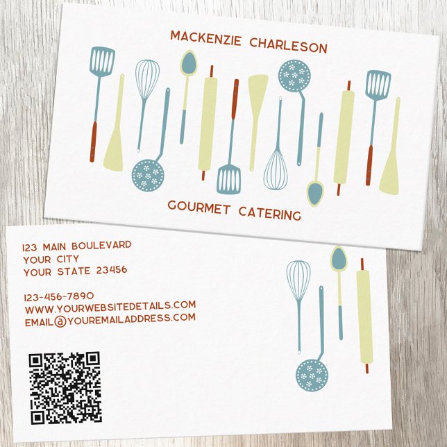 Tarjeta De Visita Código QR de Cocina Retro (Retro kitchen utensils QR code catering cafe restaurant bakery custom business card)