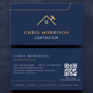 Tarjeta De Visita Código QR de construcción de contratista azul mari