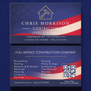 Tarjeta De Visita Código QR de Construcción de Contratista Patriótic