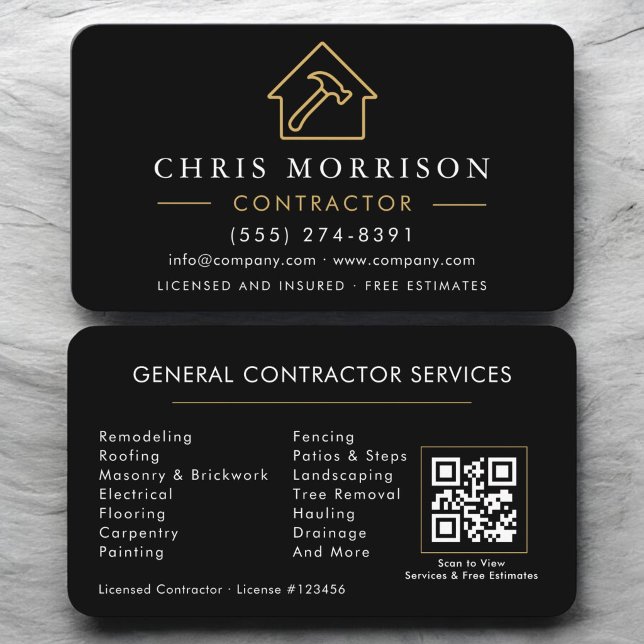 Tarjeta De Visita Código QR de Construcción General Negro Oro (Subido por el creador)