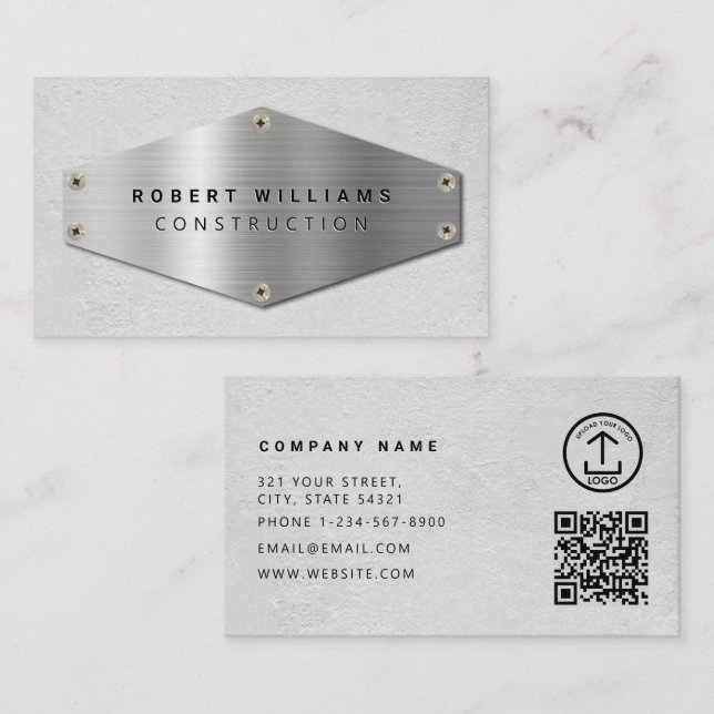 Tarjeta De Visita Código QR de Construcción Metálico Plateado Concre (Anverso / Reverso)