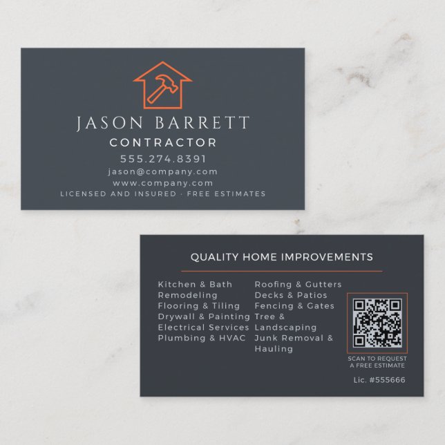 Tarjeta De Visita Código QR de construcción naranja gris para techad (Anverso / Reverso)