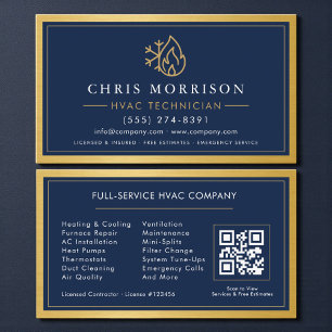Tarjeta De Visita Código QR de Contratista de HVAC Azul Marino Metál
