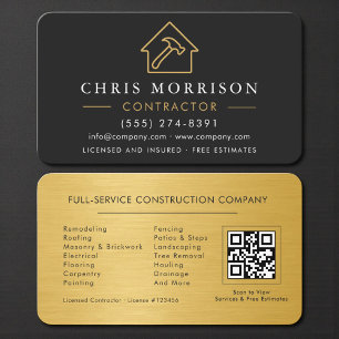 Tarjeta De Visita Código QR de contratista de metal negro y dorado m