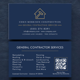 Tarjeta De Visita Código QR de Contratista General Azul Marino
