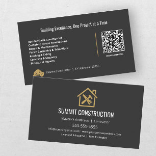 Tarjeta De Visita Código QR de Contratista General Moderno Black Gol