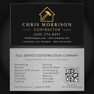 Tarjeta De Visita Código QR de Contratista Metálico Plateado de Lujo