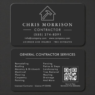 Tarjeta De Visita Código QR de contratista profesional negro y plate
