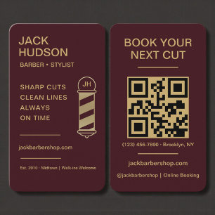 Tarjeta De Visita Código QR de corte de pelo para barbería Burdeos D