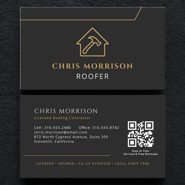 Tarjeta De Visita Código QR de cubiertas Empresa de techadores Black (Subido por el creador)