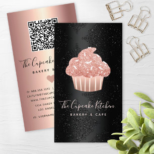 Tarjeta De Visita Código QR de Cupcake con Brillo de Oro Rosa en Neg