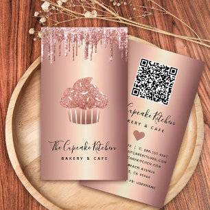 Tarjeta De Visita Código QR de Cupcake de Rosa Dorado con Brillantin