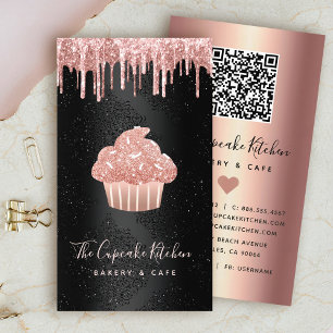 Tarjeta De Visita Código QR de Cupcake Rosado con Brillantina en Neg