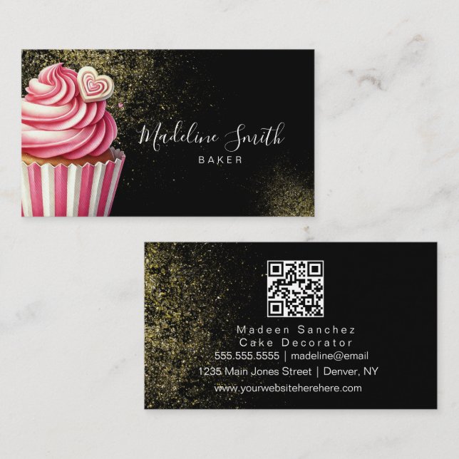 Tarjeta De Visita Código QR de Cupcakes Glitter de Panadería Rosa Ne (Anverso / Reverso)