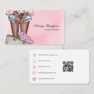 Tarjeta De Visita Código QR de diseñador de moda rosa y dorado