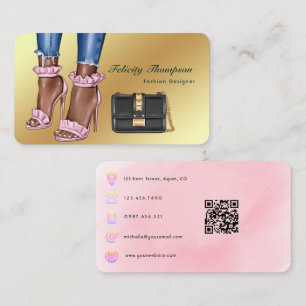 Tarjeta De Visita Código QR de diseñador de moda rosa y dorado