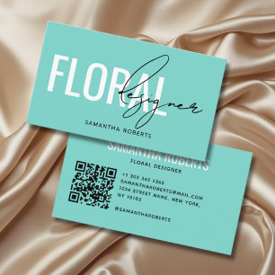 Tarjeta De Visita Código QR de diseñador floral moderno en azul verd