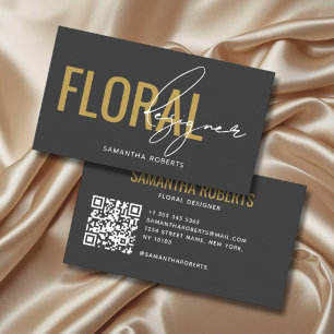 Tarjeta De Visita Código QR de diseñador floral moderno gris dorado