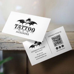 Tarjeta De Visita Código QR de Dragón para Artista de Tatuajes Blanc