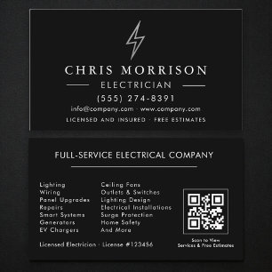 Tarjeta De Visita Código QR de Electricista Negro Plateado