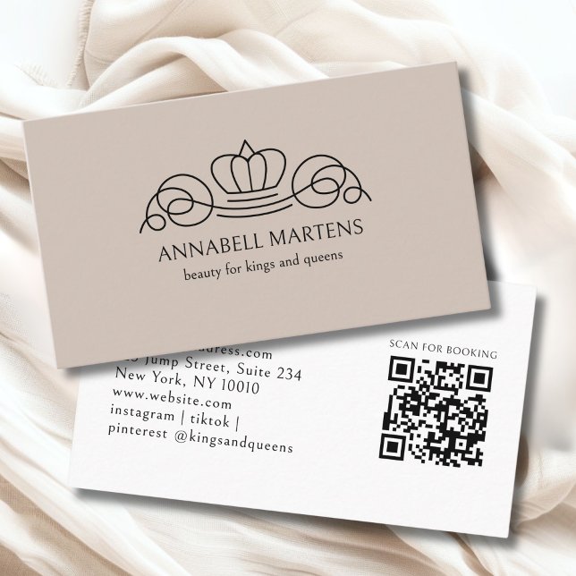 Tarjeta De Visita Código QR de Elegant Crown Salon Marrón Claro (Elegant Crown Salon Light Brown QR Code Business Card)