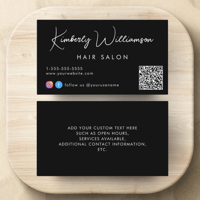 Tarjeta De Visita Código QR de escritura de firma negro (Empower your name in our signature script as your logo and brand identity)