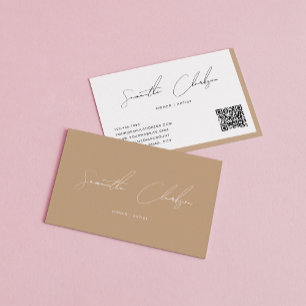 Tarjeta De Visita Código QR de escritura manual de Boho Beige modern