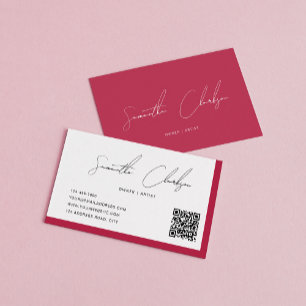 Tarjeta De Visita Código QR de escritura manuscrita magenta simple e