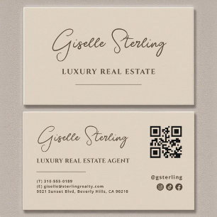 Tarjeta De Visita Código QR de escritura Minimalista beige neutra
