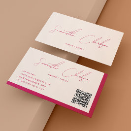 Tarjeta De Visita Código QR de escritura rojo beige y Rosa