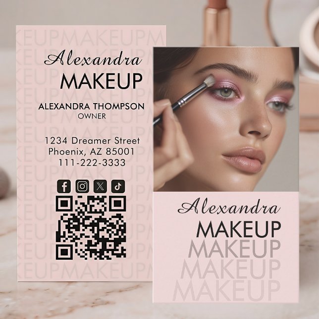 Tarjeta De Visita Código QR de escritura rosa rubor Foto Maquillaje (Subido por el creador)
