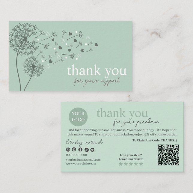 Tarjeta De Visita Código QR de escritura verde moderno, gracias (Anverso / Reverso)