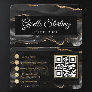 Tarjeta De Visita Código QR de Esteticista Agata Negro Oro Lujo