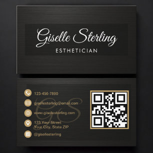 Tarjeta De Visita Código QR de Esteticista Metálico Negro de Lujo