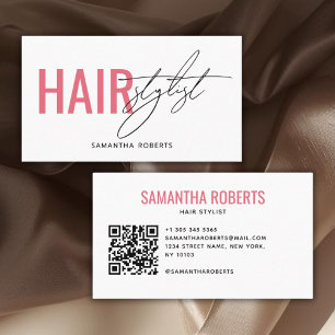 Tarjeta De Visita Código QR de estilista de cabello moderno blanco r