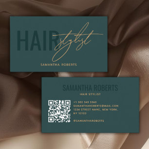 Tarjeta De Visita Código QR de estilista de cabello moderno verde