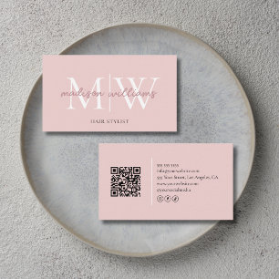 Tarjeta De Visita Código QR de Estilista de Cabello Rosa Monograma