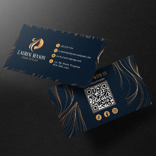 Tarjeta De Visita Código QR de Estilista de Pelo Azul Dorado Minimal