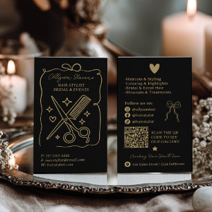 Tarjeta De Visita Código QR de Estilista de Pelo Doodles Retro Negro