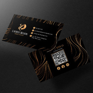 Tarjeta De Visita Código QR de Estilista de Pelo Negro Dorado Minima