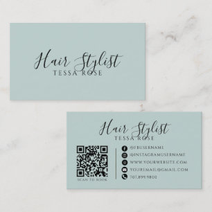 Tarjeta De Visita Código QR de Estilista de Pelo Verde Azul Polvorie