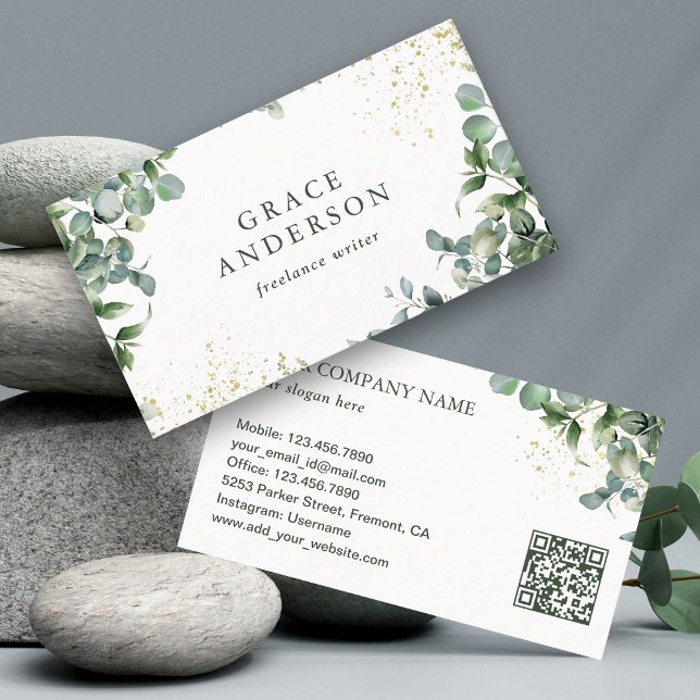 Tarjeta De Visita Código QR de Eucalipto Dorado Verde Rústico (Subido por el creador)